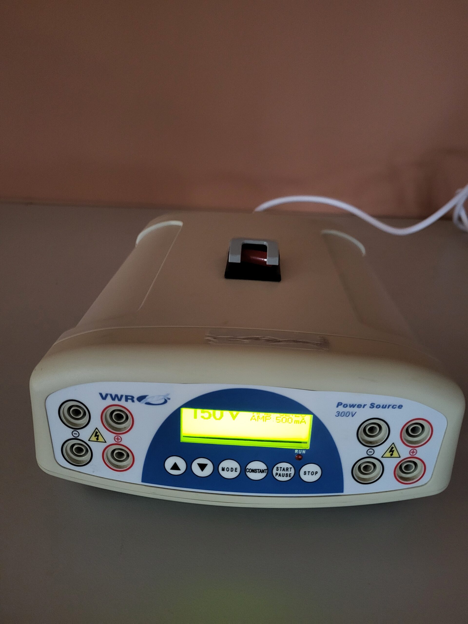 Used VWR Power Source 300V Electrophoresis Power Supply with 2–300 V, 4–500 mA, 90 W output and four terminal pairs.